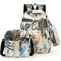 3-Piece Stylish Geometric Backpack Set - Trendy Nylon School Bag Crossbody Bag & Pencil Case