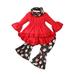 Kids Toddler Baby Girl Christmas Outfits Irregular Ruffle Dress Shirt Santa Print Flare Pants Scarf 3Pcs Xmas Clothes Set