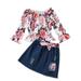 Wallarenear Little Girl Off the Shoulder Floral Print T-shirt Tops Belted Ripped Denim Skirt