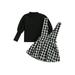 Suanret Kids Girls 2Pcs Sweatshirt Dress Outfits Long Puff Sleeve Tops + Plaid Suspender Skirt Set Clothes Black 5 Years