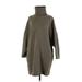 OAK + FORT Casual Dress - Sweater Dress High Neck 3/4 Sleeve: Green Solid Dresses - Women's Size X-Small