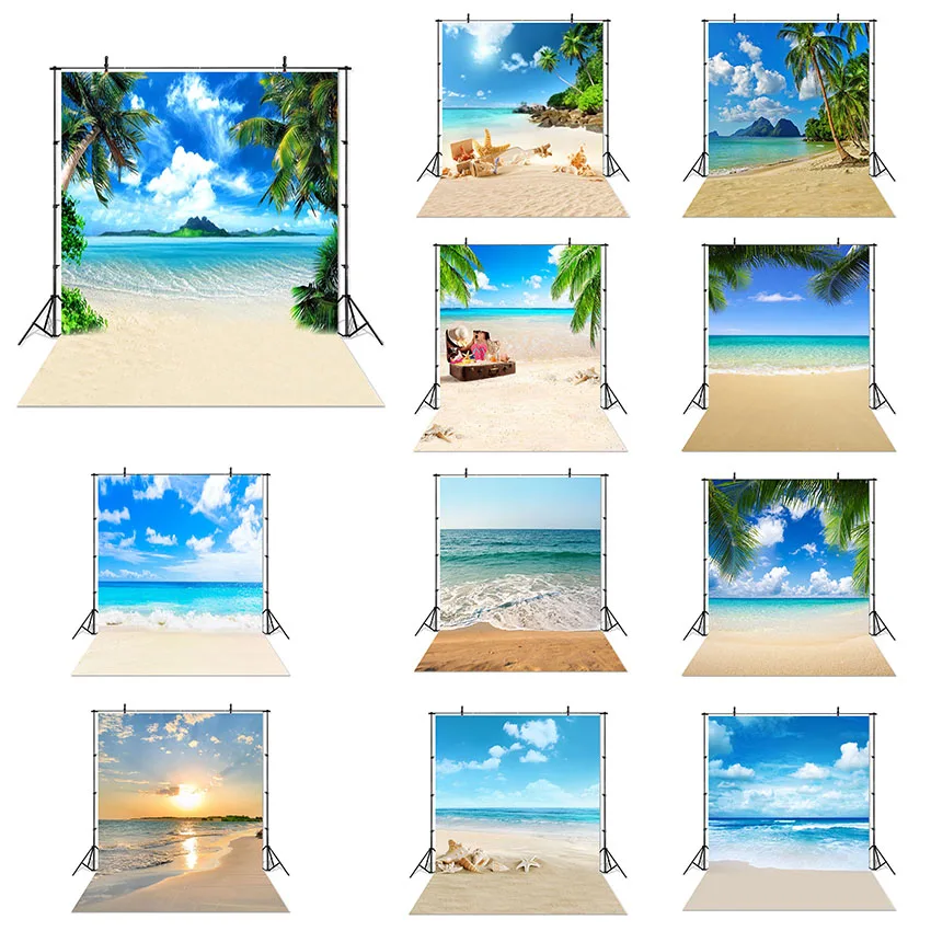 Meer Strand Sand bewölkt blauen Himmel Szene Sommer Strand Fotografie Hintergrund für Fotostudio tropische Palmen Kokosnuss baum Hintergrund Image