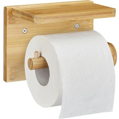 Toilettenpapierhalter mit Ablage, für Handy & Feuchttücher, Bambus Klopapierhalter, hbt 12x16x10,3