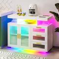 39.4 Modern LED Sideboard Buffet Cabinet with Wireless Charging Station Entrance Cabinet with Motion Sensor Light Coffee Bar Cabinet with 24-Color RGB Light for Dining Room Kitchen (White)