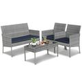 4PCS Patio Conversation Sets Rattan Outdoor Patio Furniture Sofa Set Cushioned Table Set w/ Loveseat for 4 Tempered Glass Table Deep-seat Armchairs Gray