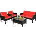 Kadyn 4 Pieces Outdoor Rattan Wicker Loveseat Furniture Set with Cushions Patio Garden Lawn Cushioned Seat Wicker Patio sectional Furniture Sets-Red