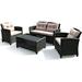 Canddidliike Cushioned Patio Rattan Wicker Conversation Furniture Set 3 Pieces with Glass Coffee Table Outdoor Seating Set for Yard and Bistro