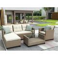 4 Pieces Patio Furniture Sets Outdoor Wicker Rattan Conversation Set with Glass Table and Seat Cushions Rattan Sofa Set for Lawn Garden Backyard Poolside Beige Brown