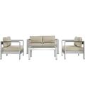 Modway Shore 4 Piece Outdoor Patio Aluminum Sectional Sofa Set in Silver Beige