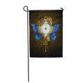 LADDKE Round The Clock in of Steampunk Blue Butterfly Wings Morpho Dial Gold Roman Garden Flag Decorative Flag House Banner 12x18 inch