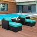 5-Piece Outdoor PE Wicker Set Patio Black All Weather Resin Rattan Chairs and Ottomansï¼ŒSectional Conversation Sofa Set with Blue Cushion