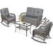 MEETWARM 5 Pieces Outdoor Wicker Patio Conversation Sets with Glider Loveseat 2 Chairs with 2 Glass-Top Coffee Table Wicker Rocking Glider Set Wicker Conversation Set w/Thickened Cushions Gray