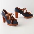 Anthropologie Shoes | Anthropologie Shoes Miss Albright Land & Sea Navy Blue Suede Heels 9.5 | Color: Blue/Brown | Size: 9.5