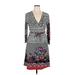 Papillon Casual Dress - A-Line V Neck 3/4 sleeves: Gray Floral Dresses - Women's Size X-Large