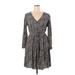 Ann Taylor LOFT Casual Dress - A-Line V-Neck 3/4 sleeves: Gray Print Dresses - Women's Size 16