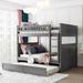 Full Over Full Bunk Bed with Twin Size Trundle, Pine Wood Bunk Bed with Guardrails, Brushed Gray