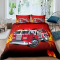 Firefighter Truck Duvet Cover King/Queen Size Red Firemen Car Bedding Set for Kids Boys Girls Fire