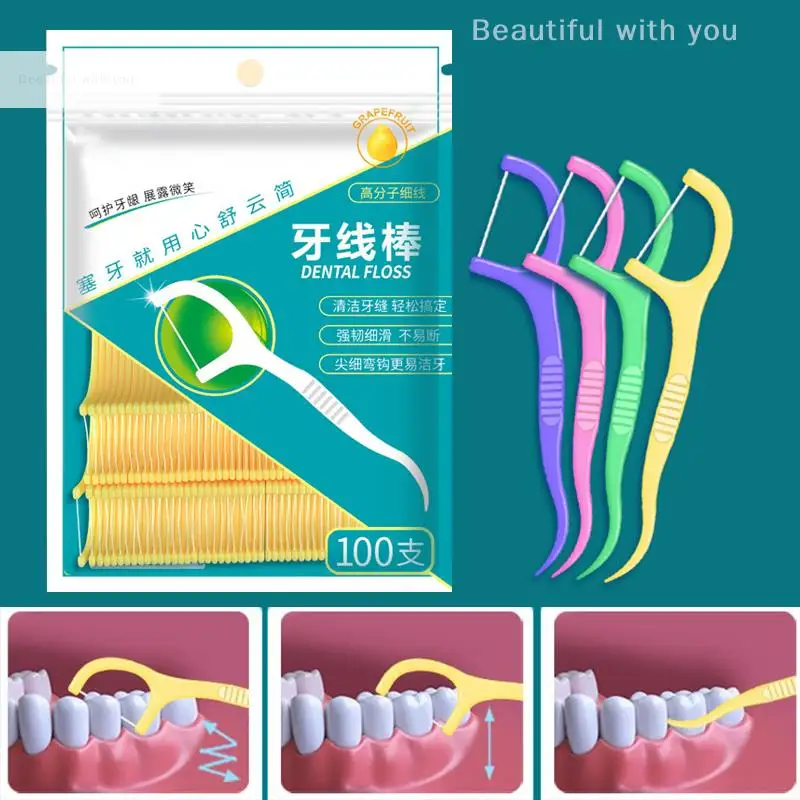 100 Stück Zahnseide Minz geschmack Mini Flosser mit Zahnstocher Polymer faden für Zähne ultra feine flache Zahn reinigung Image