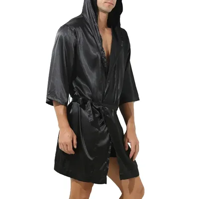 Herren-Bademantel aus lockerem Satin und Seide mit Kapuze, Pyjama, Nachtwäsche, großes Schnür-Nachthemd, Nachtwäsche, langärmeliger Bademantel, Nachtwäsche Image