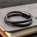 Bracelet Double couche en acier titane pour hommes et femmes corde tressée en cuir noir et marron