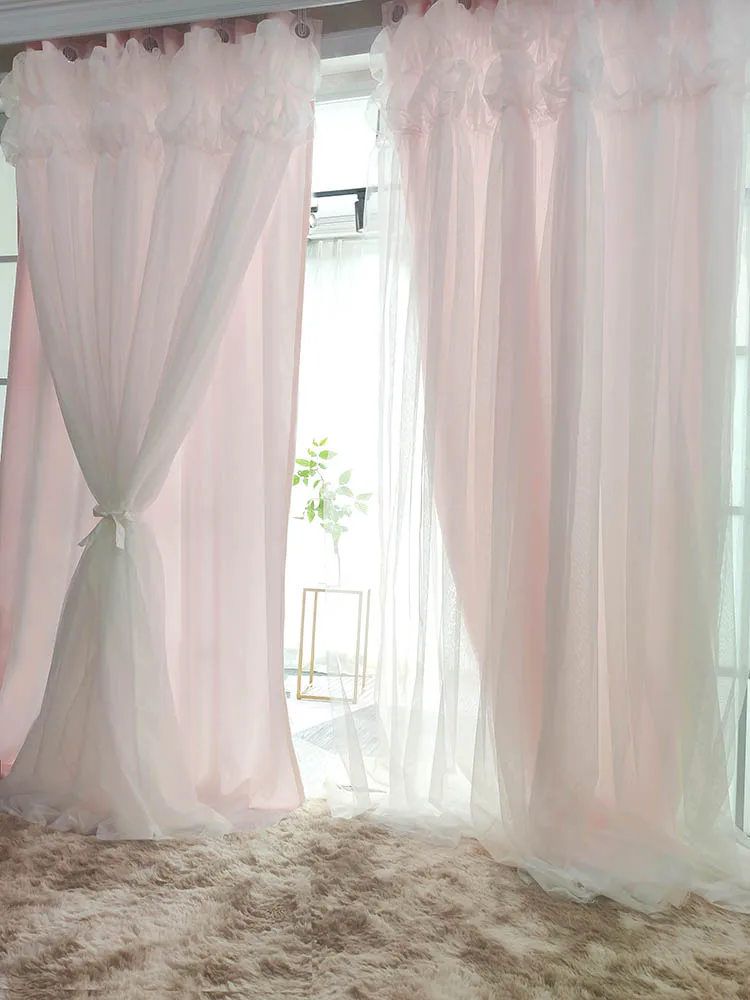 Luxuriöse koreanische rosa Vorhänge für Wohnzimmer, Prinzessinnenlaterne, romantische Schichten, Cortina, Gaze, Tüll, Voile, für Kinder, Mädchen, Schlafzimmer Image