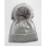 Metallic Ribbed Beanie With Faux Fur Pom