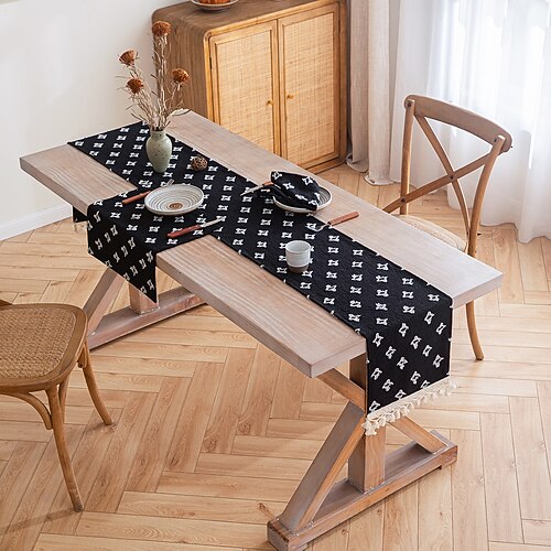 Tischläufer mit Quasten, Frühlingsstern-Applikation, Vintage-Stil, französisches Landhaus, doppellagiges Polyester Image