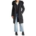 Hooded Taffeta Down Coat With Bib & Faux Fur Trim