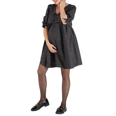 Janis Windowpane Plaid Tie Sleeve Maternity/nursing Dress