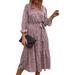 Women Long Sleeve Wrap V Neck Leopard Print Ruffle Tiered Tie Waist Flowy Long Dress