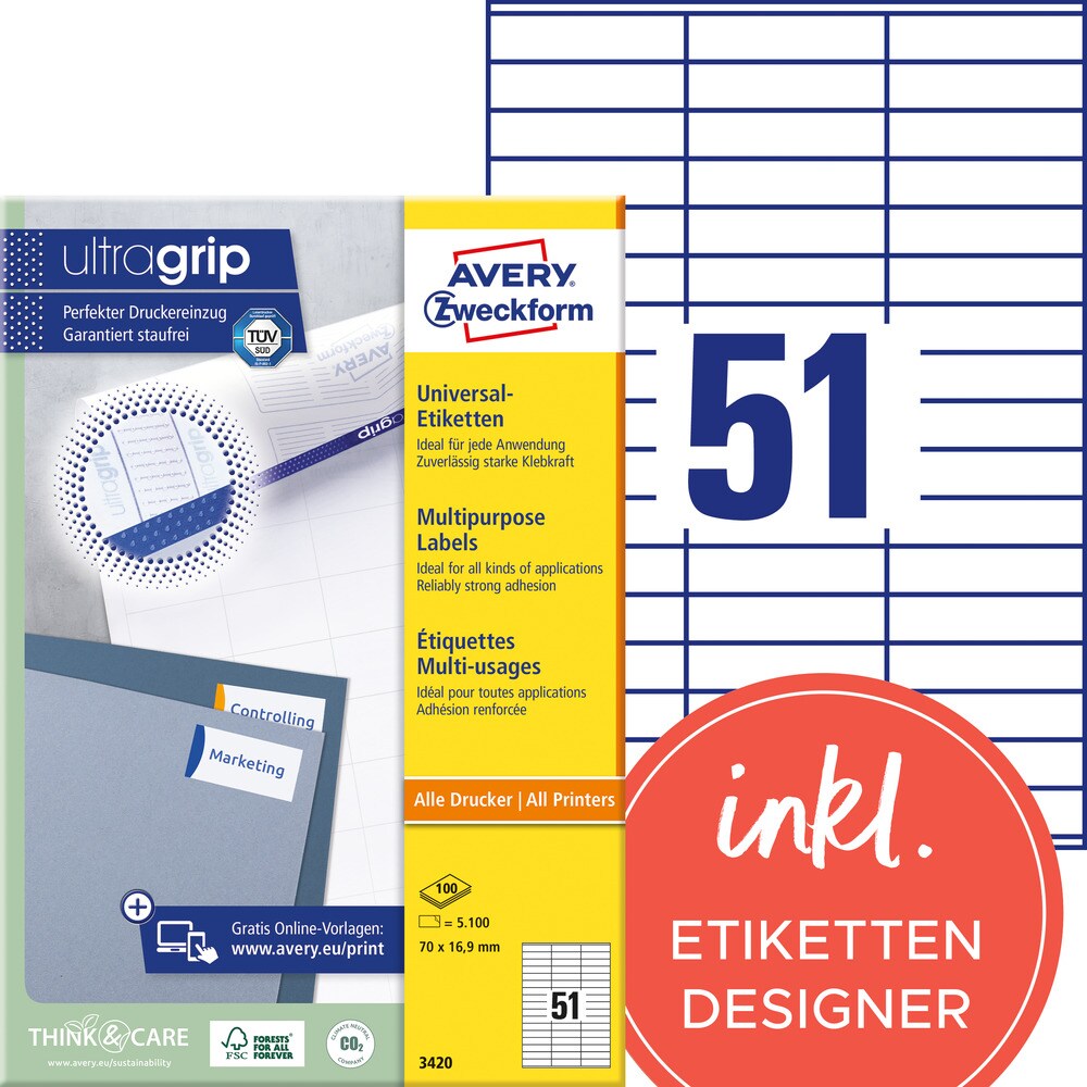 Avery Zweckform 3420 Universal-Etiketten, A4 mit ultragrip, 70 x 16,9 mm, 100 Bogen/5.100 Etiketten, weiß Image