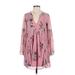 Sequin Hearts Casual Dress - Mini V-Neck 3/4 sleeves: Pink Floral Dresses - Women's Size Small