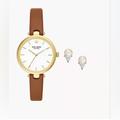 Kate Spade Jewelry | Kate Spade New York Holland Three-Hand Brown Leather Watch & Faux Pearl Earrings | Color: Brown/Gold | Size: Os