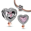 925 Silver Two-tone Openwork Mum & Heart Charm Fit Pandora Charms Silver 925 Original Bracelet Charm