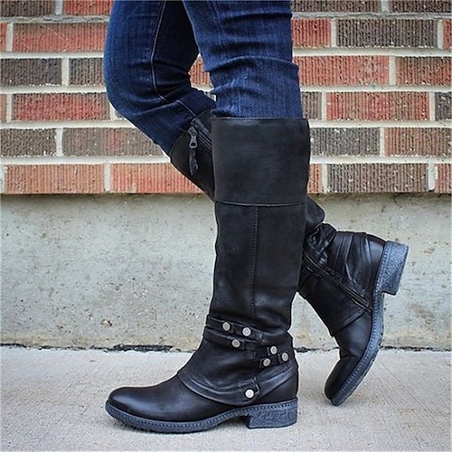 kniehohe Reitstiefel aus Vintage-Kunstleder für Damen mit seitlichem Reißverschluss und dekorativen Riemen – perfekt für die Freizeit und den Outdoor-Bereich Image