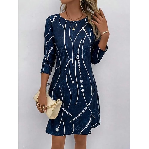 Damen Midi Kleid Rundhals Ausschnitt Abstraktes Perlenmuster Konstellation A-Linie Dreiviertelarm Samtstruktur Marineblau Casual bis Formal Anlässe Image