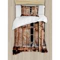 Rustic Duvet Cover Set Abandoned Damaged Oak Barn Door with Iron Hinges and Lateral Cracks Knock Theme Decorative 2 Piece Bedding Set with 1 Pillow Shams Twin Size Pale Brown by Ambesonne