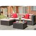 5 Piece Patio Sets All-Weather Brown PE Wicker Outdoor Couch Sectional Patio Set Small Patio Conversation Set Garden Patio Sofa Set w/Ottoman Glass Table Red Pillow Beige