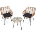 KROFEM 3 Piece Wicker Patio Bistro Furniture Set Includes 2 Chairs and Glass Top Table Ideal for Porch Outdoor Backyard Apartment Balcony Natural Color