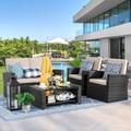 4-Piece Outdoor Patio Set Wicker Rattan Sectional Sofa Couch with Glass Coffee Table | Black