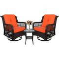 3-Piece Patio Rocking Chairs Wicker Bistro Set Cushioned Outdoor Glider Swivel Chair Rattan Sets with Thickened Cushion and Glass-Top Coffee Table (Orange Cushion)