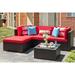durable 5 Piece Patio Sets All-Weather Brown PE Wicker Outdoor Couch Sectional Patio Set Small Patio Conversation Set Garden Patio Sofa Set w/Ottoman Glass Table Red Pillow Beige