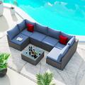 Patio Furniture Set 7 Pieces Outdoor Wicker Conversation Set All-Weather PE Rattan Sectional Sofa Set Outdoor Couch with Tempered Glass Coffee Table and Cushions for Backyard Porch Blue