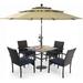 & William Outdoor 6 Pieces Dining Set with 4 Rattan Chairs 1 Wood-Like Metal Table and 1 10ft 3 Tier Auto-tilt Umbrella(No Base) Red Modern Patio Furniture for Poolside Porch Pati