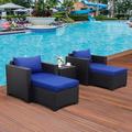 durable 5-Piece Outdoor PE Wicker Set Patio Black All Weather Resin Rattan Chairs and Ottomansï¼ŒSectional Conversation Sofa Set with Blue Cushion