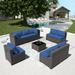 durable Outdoor Patio Set 12 Pieces Outdoor All Weather Patio Sectional Sofa PE Wicker Modular Conversation Sets with Coffee Table 10 Chairs & Seat Clips(Dark Blue)
