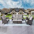 Rilyson Wicker Patio Furniture Set - 6 Piece Rattan Outdoor Sectional Conversation Sets with 2 Swivel Rocking Chairs 2 Ottomans 1 Loveseat and 1 Coffee Table for Porch Deck Garden(Brown/B