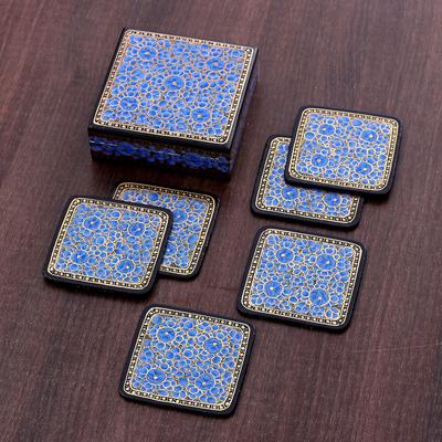 Blooming Winter,'Set of 6 Floral Blue Wood and Pap...