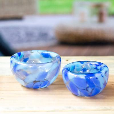 Flavors in Blue,'Handblown Patterned Blue Recycled Glass Bowls (Set of 2)'