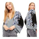 Free People Tops | Free People Mixed & Match Blouse Black Combo Vneck Oversize Kimono Sleeve Top Xs | Color: Black/Blue | Size: Xs